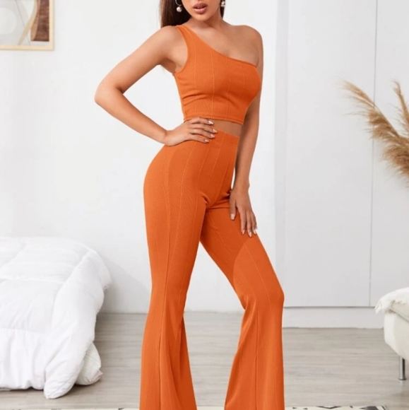 SHEIN SXY One Shoulder Slim Crop Top & Flare Pants Set - Picture 2 of 8